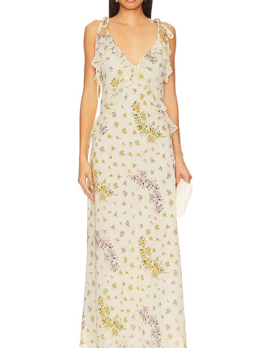 Steve Madden Adalina Cream Floral Ruffle Tie-Shoulder Maxi Dress